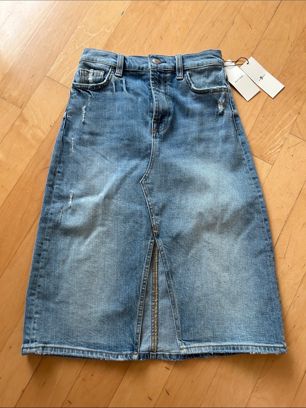 7 For All Mankind Light Blue Denim Midi Skirt